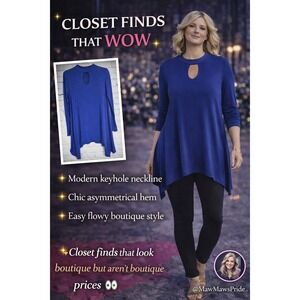 Blue Keyhole Neck Tunic Top Asymmetrical Hem Long Sleeve XL Flowy Blouse